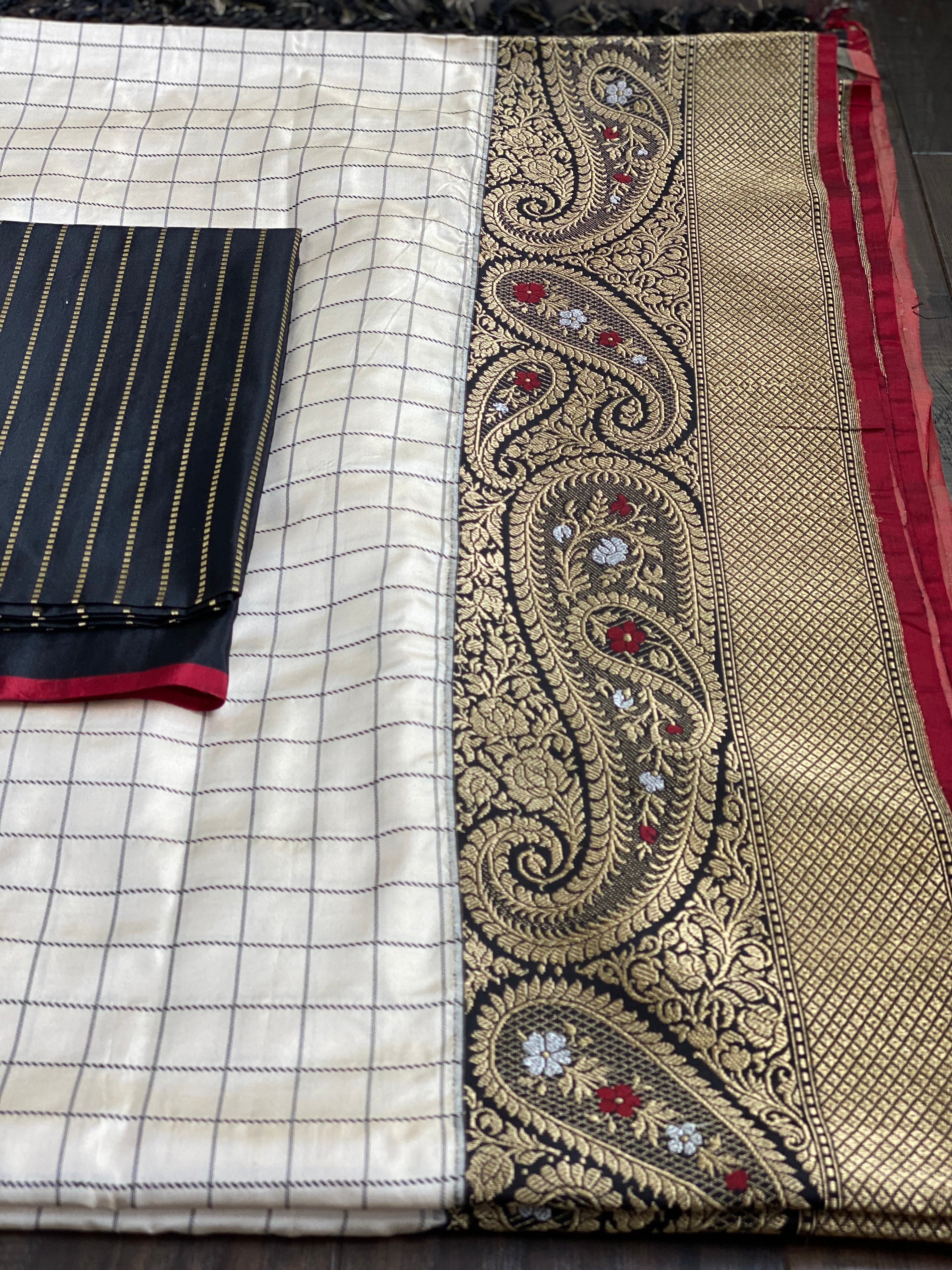 Pure Katan Silk Banarasi - Offwhite Black Checkered Kadwa Woven