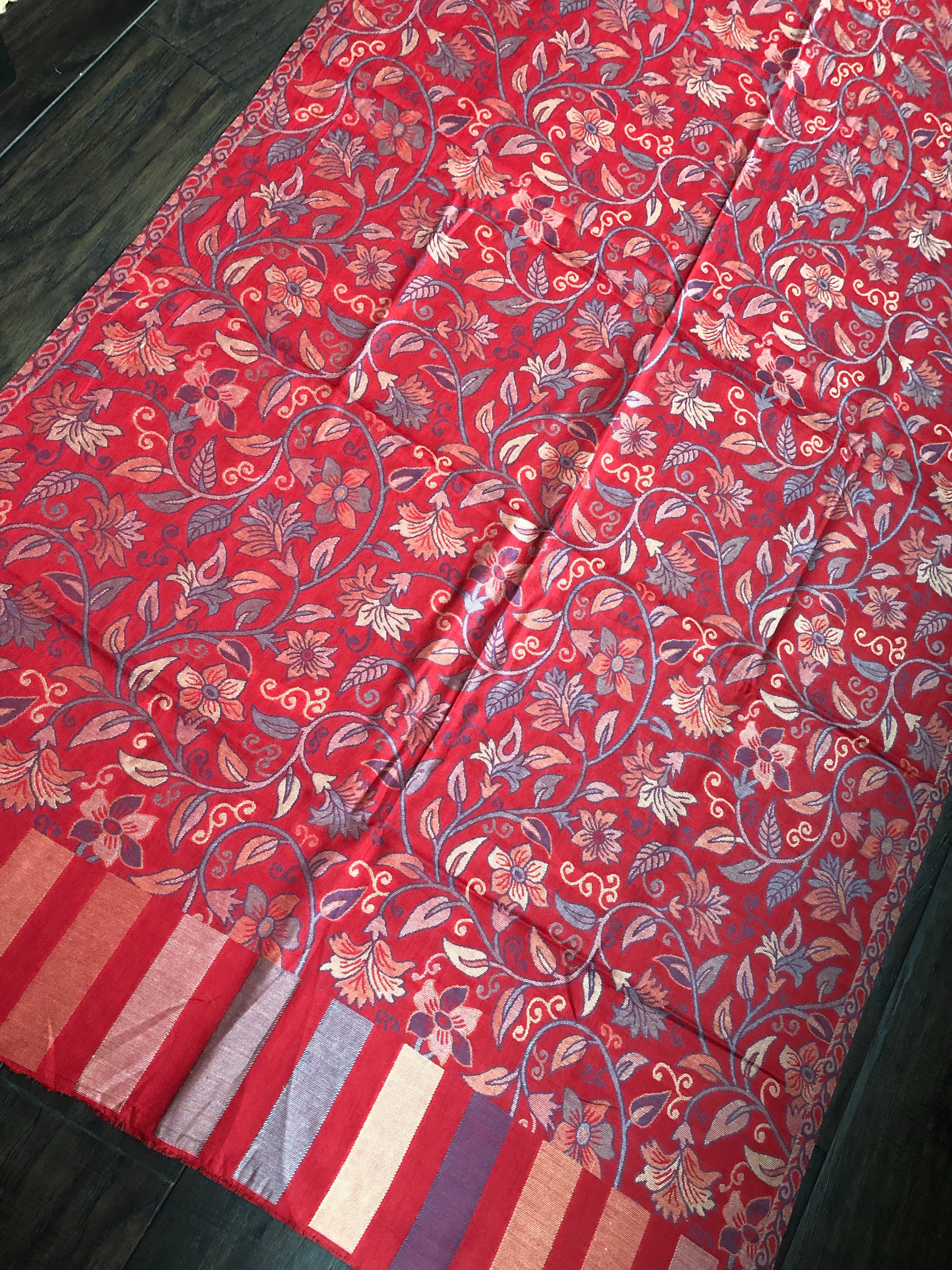 Kashmiri Semi Pashmina Stole - Red Multi 1 Resham Woven