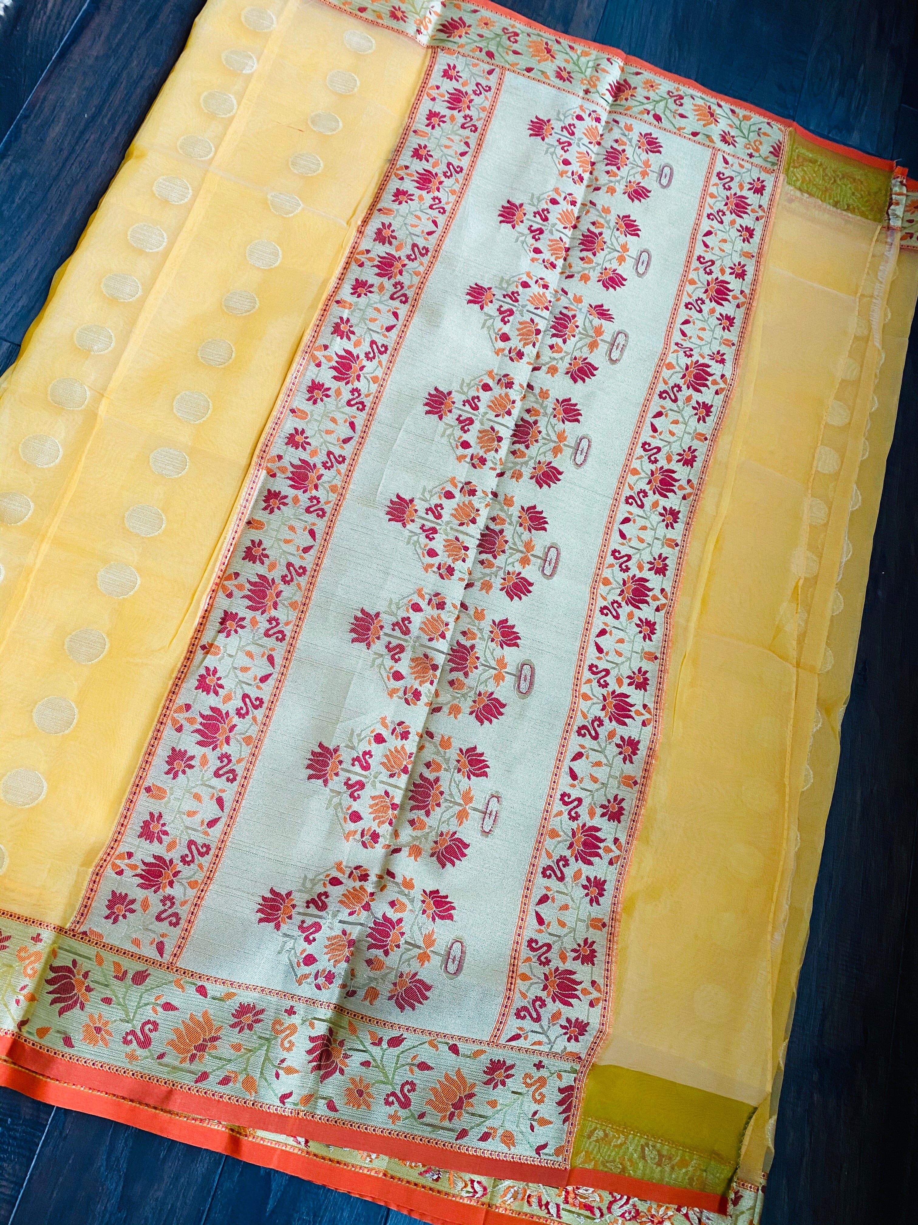 Kora Silk Paithani - Yellow Orange