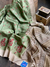 Tussar Silk - Moss Green Embroidered