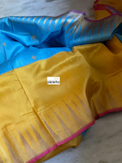 Pure Silk Katan Banarasi - Blue Yellow Kadwa