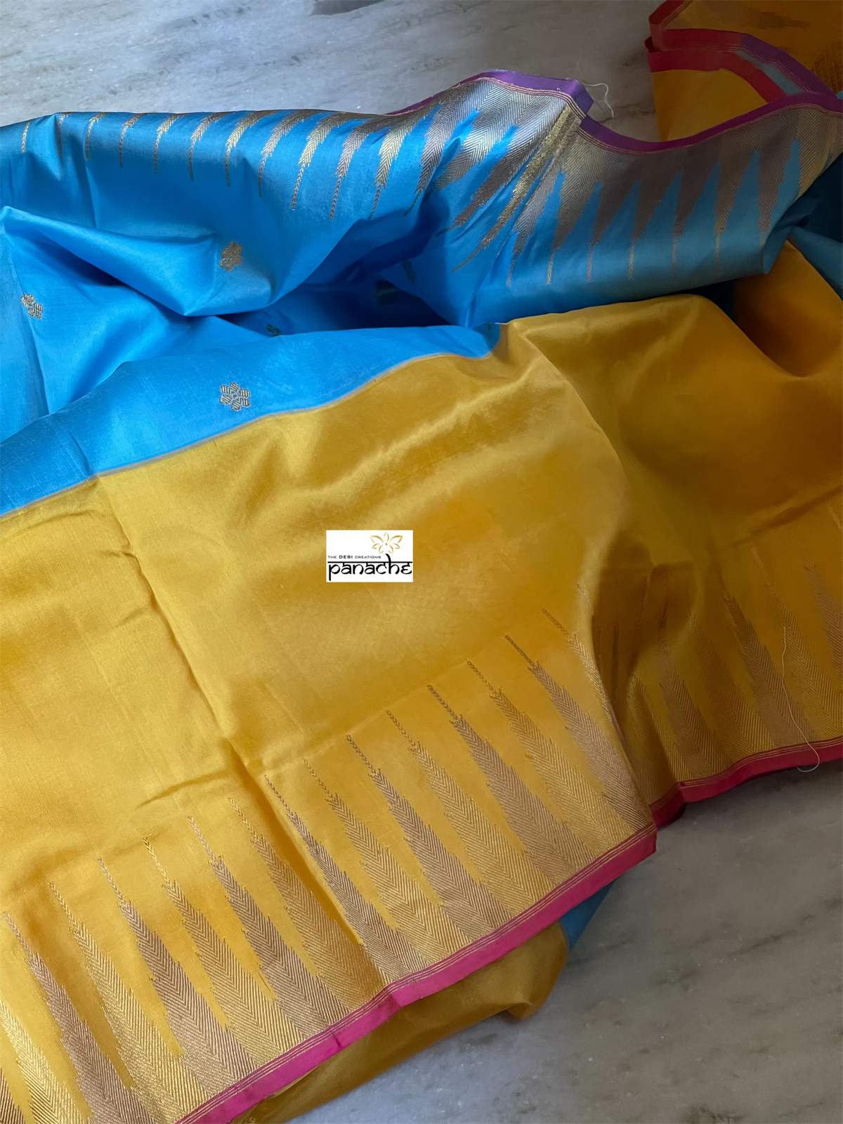 Pure Silk Katan Banarasi - Blue Yellow Kadwa
