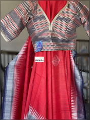 Tussar Georgette Banarasi - Red Navy Blue Kadwa
