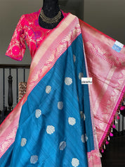 Exclusive Pure Tussar Silk Benarasi - Teal and Pink