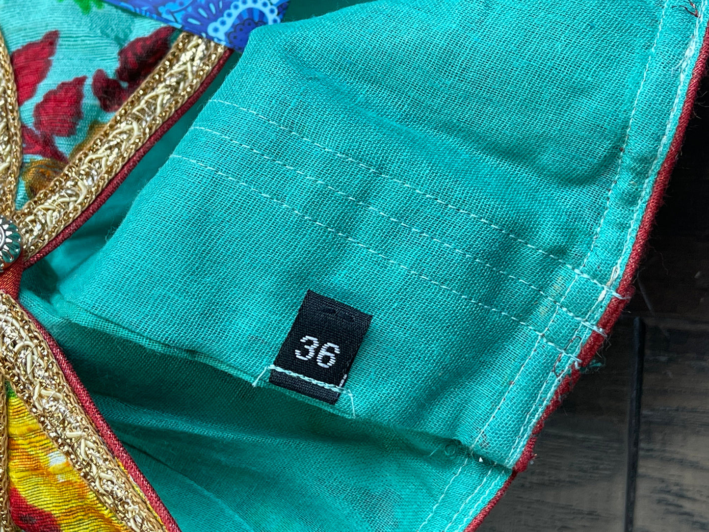 Designer Blouse - Teal Yellow Floral Gold Zari