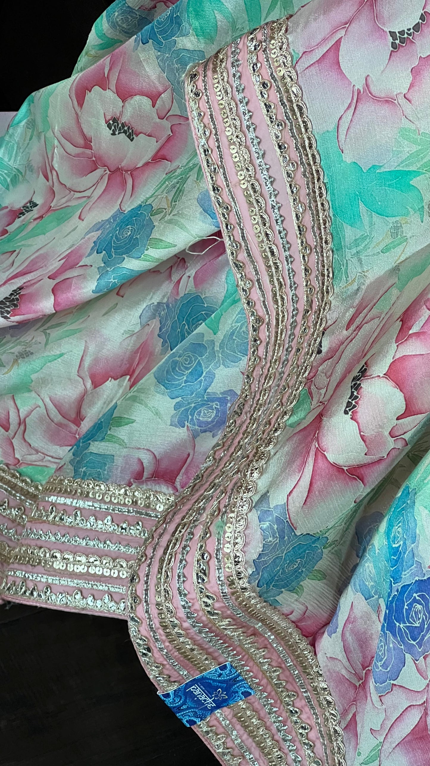 Designer Chiffon  - Pink Sea Green Multi color