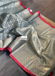 Cotton Silk Banaras Chanderi - Grey Yellow Green Woven