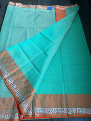 Cotton Silk Banaras Chanderi - Mint Green Orange
