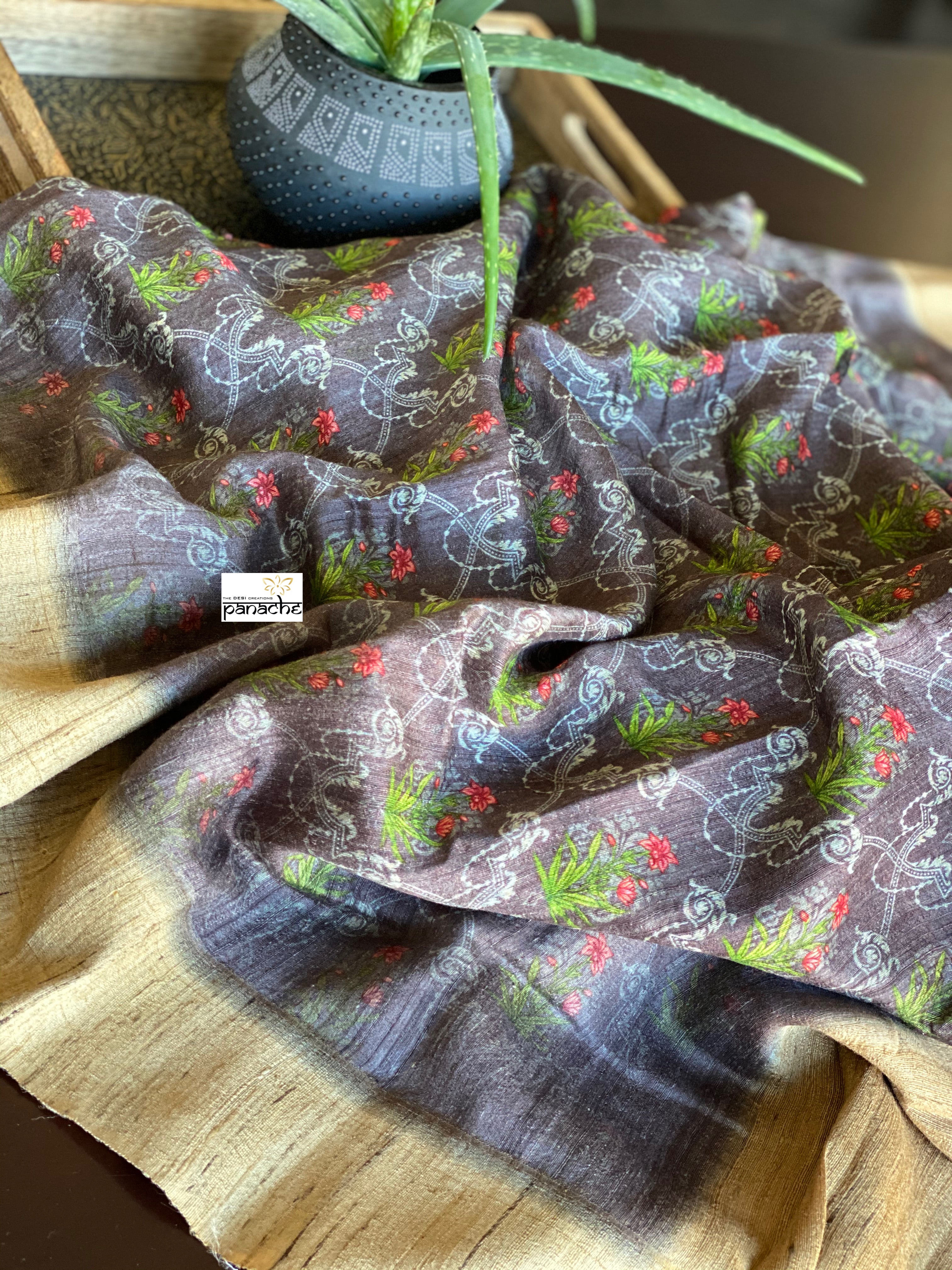 Pure Gicha Tussar Silk - Mauve  Brown Digital Printed
