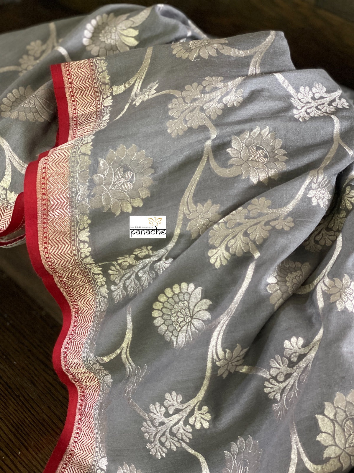 Muga Silk Banarasi - Grey Red Silver Zari