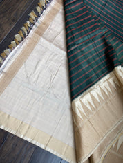 Pure Tassur Silk Banarasi - Dark Black Avocado Green Striped