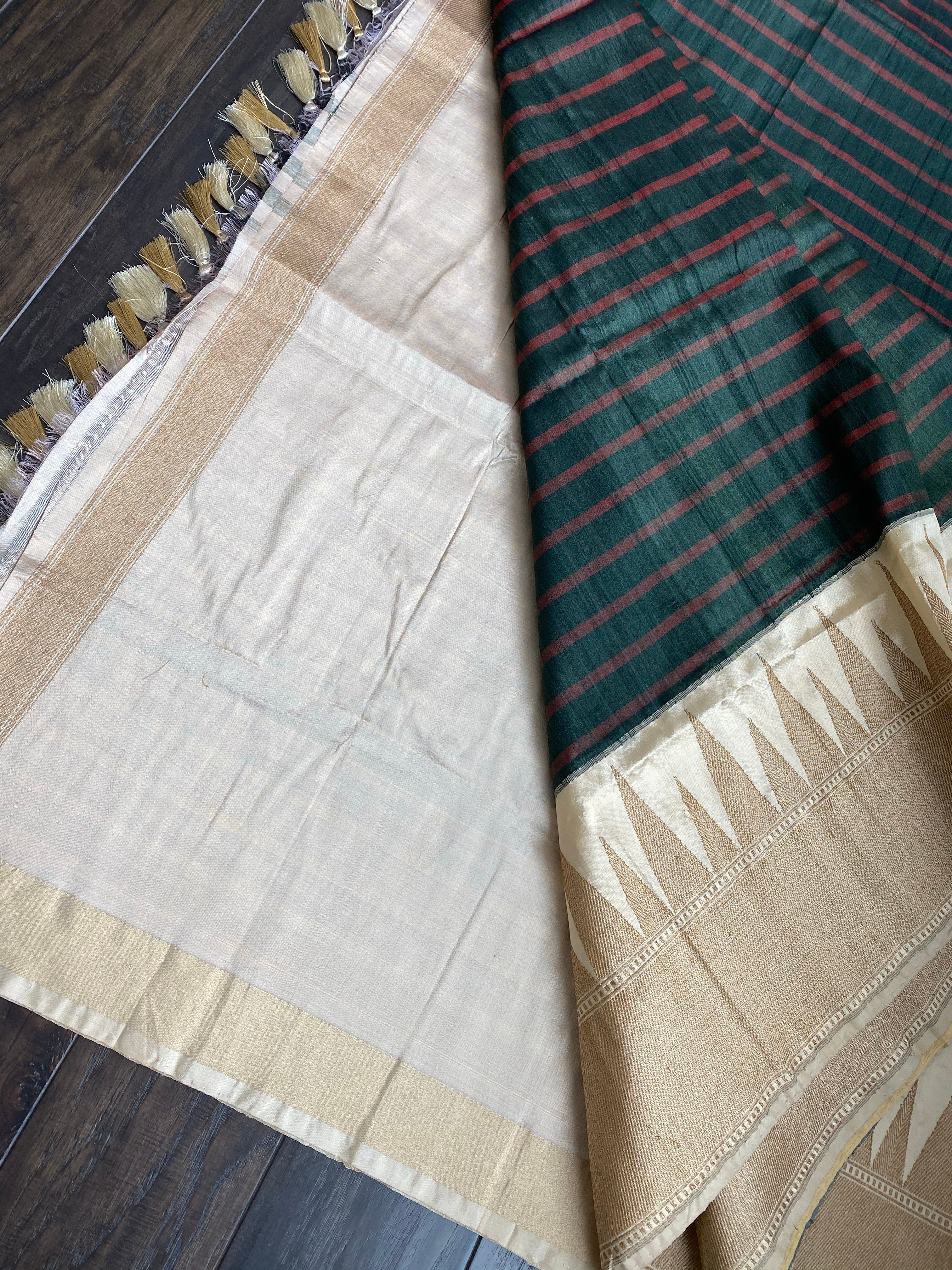 Pure Tassur Silk Banarasi - Dark Black Avocado Green Striped