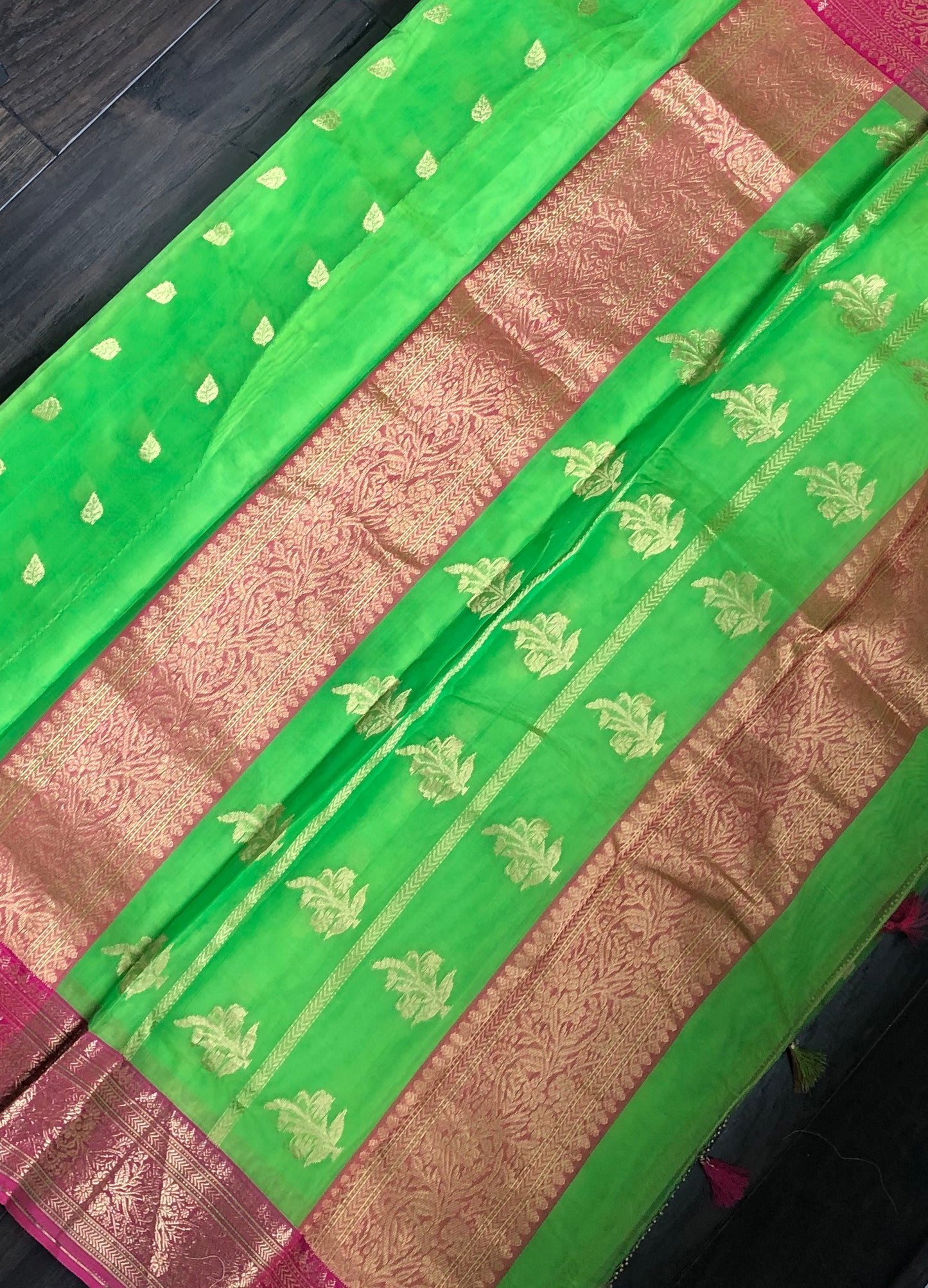 Pure Chanderi Katan Silk - Green Magenta