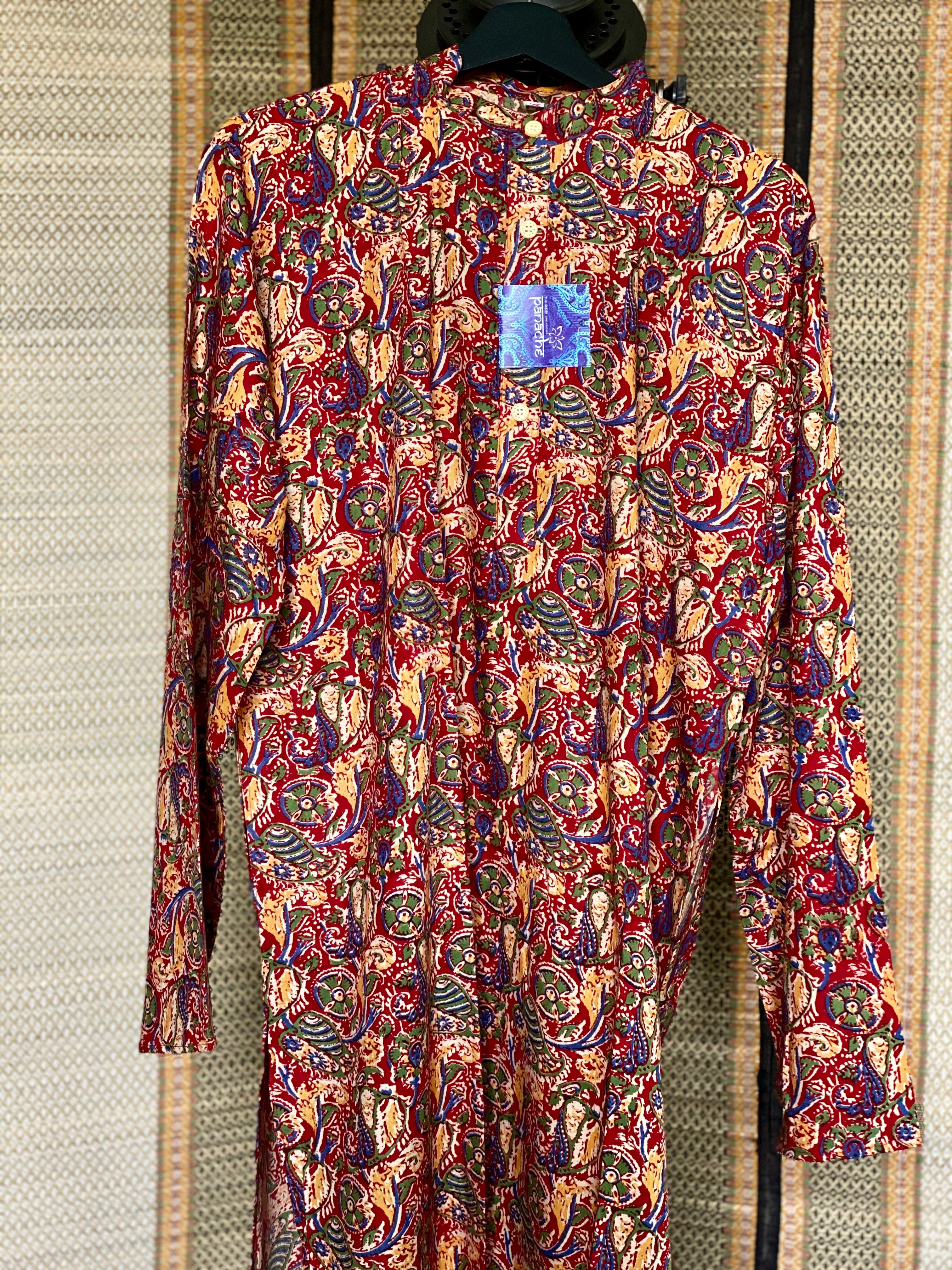 Cotton Silk Kalamkari Kurta Men - Red Yellow Blue XL 42