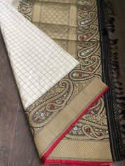 Pure Katan Silk Banarasi - Offwhite Black Checkered Kadwa Woven