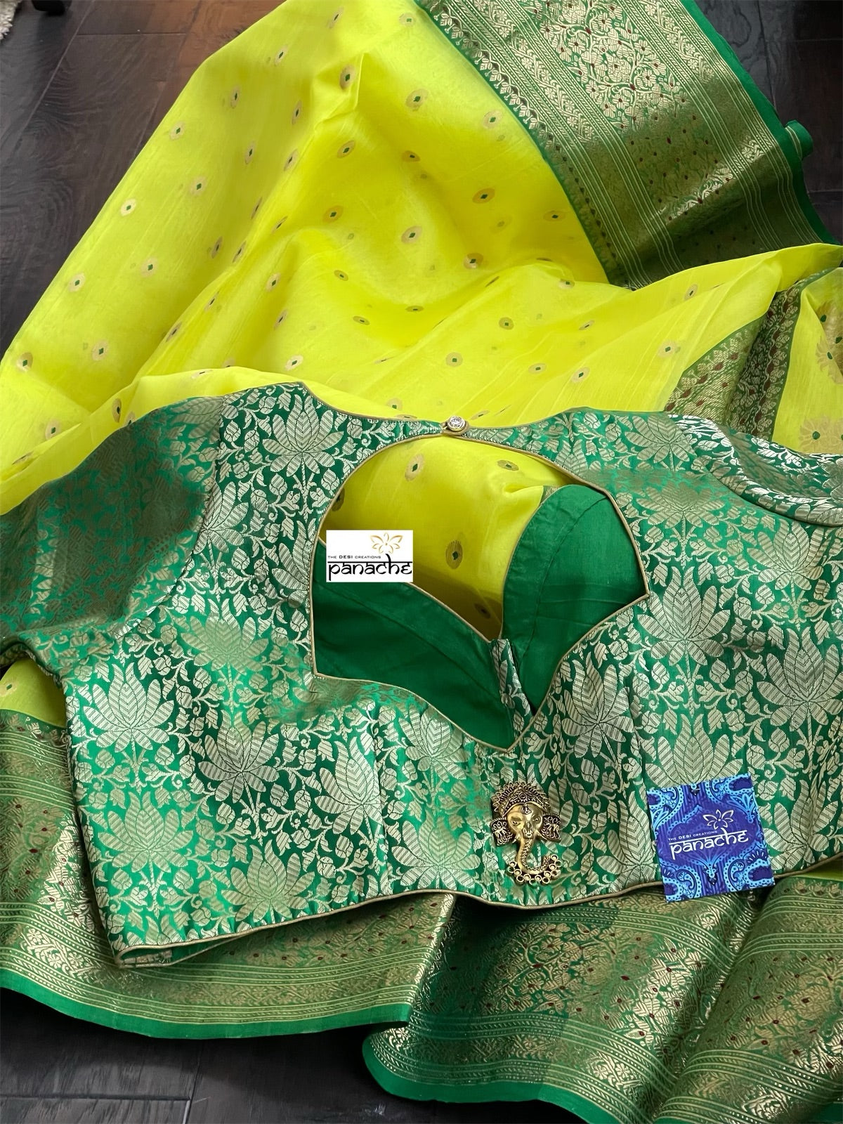 Pure Chanderi Organza Silk - Yellow Green Eknaliya Golden Zari