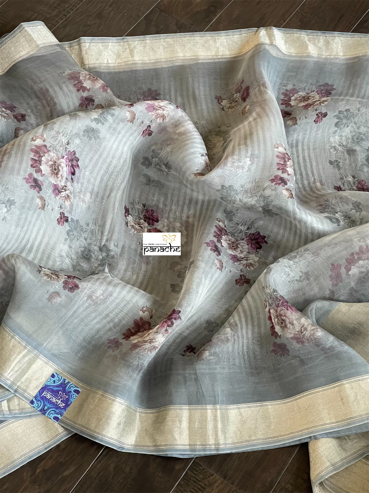 Banarasi Organza Floral - Grey Antique Golden Zari