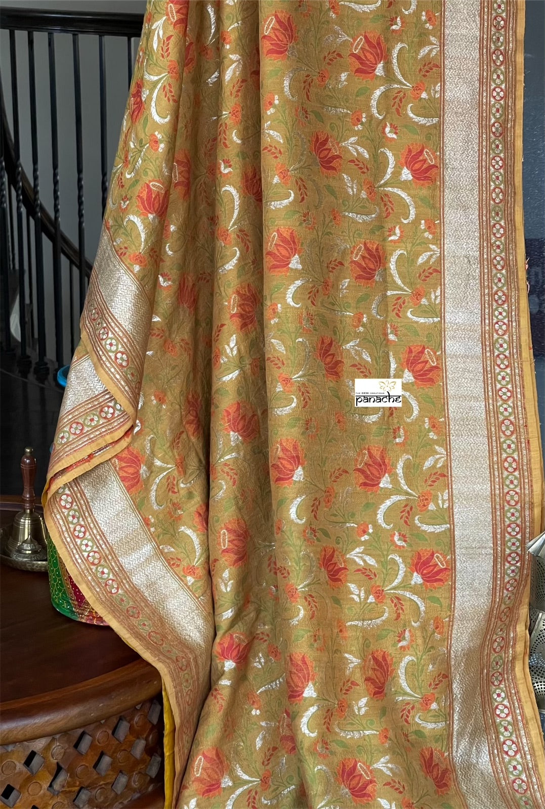Tussar Georgette Banarasi - Ochre Yellow Green Kadwa