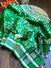 Pure Chanderi Silk - Green Silver Zari