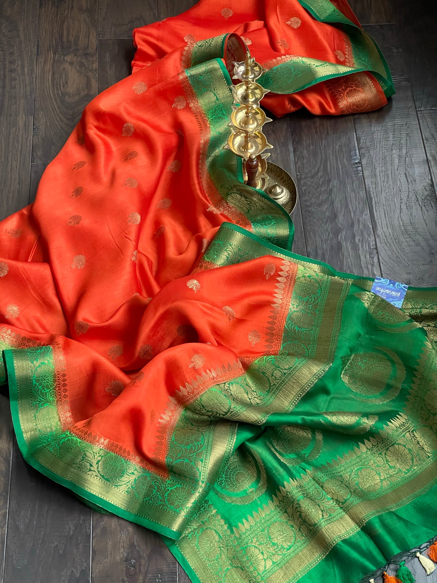 Chiniya Silk Banarasi - Reddish Orange Green
