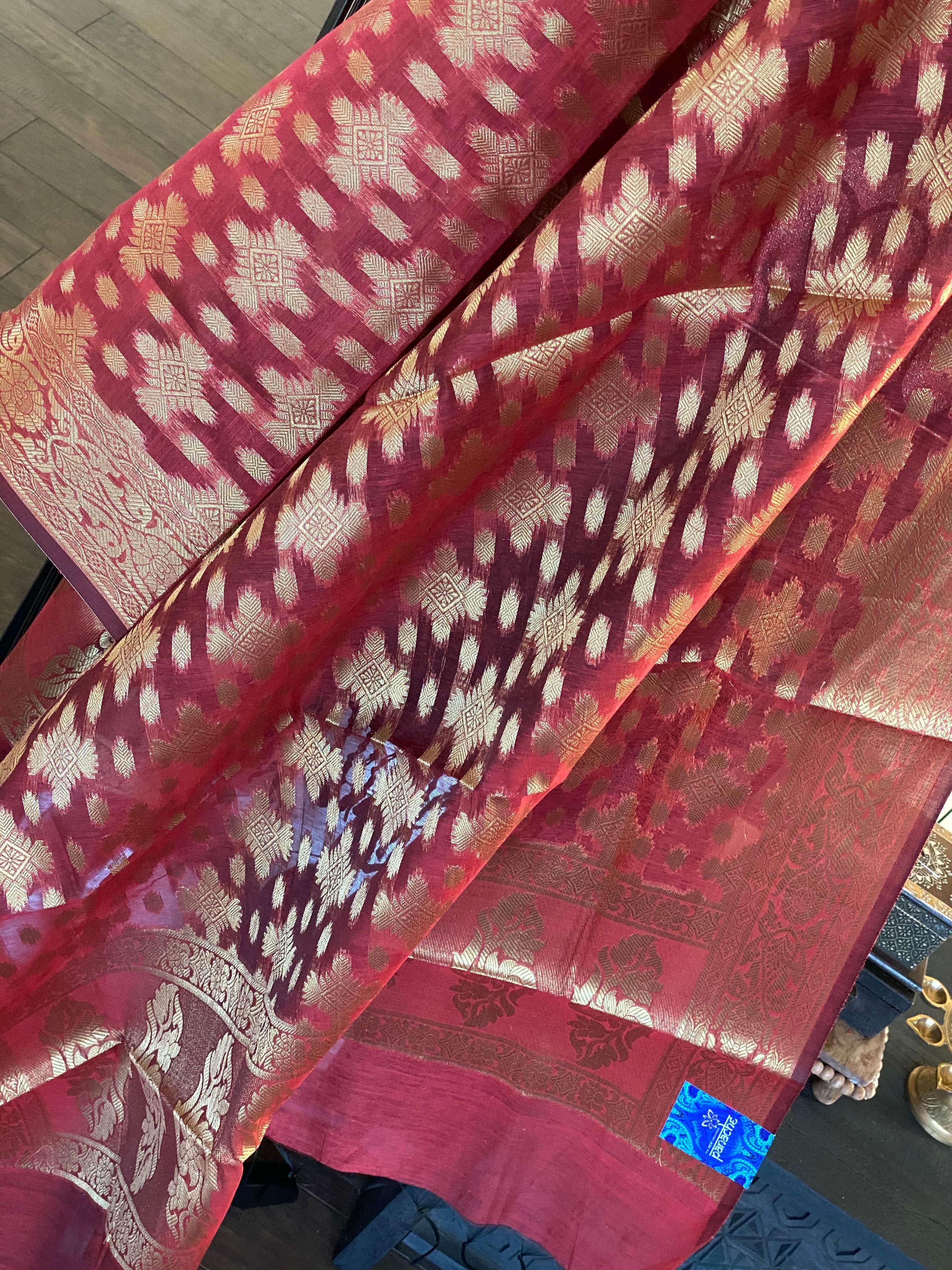 Silk Cotton Dupatta - Reddish Maroon Golden Zari