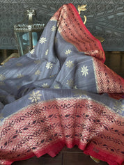 Tussar Georgette Banarasi- Grey Maroon Black