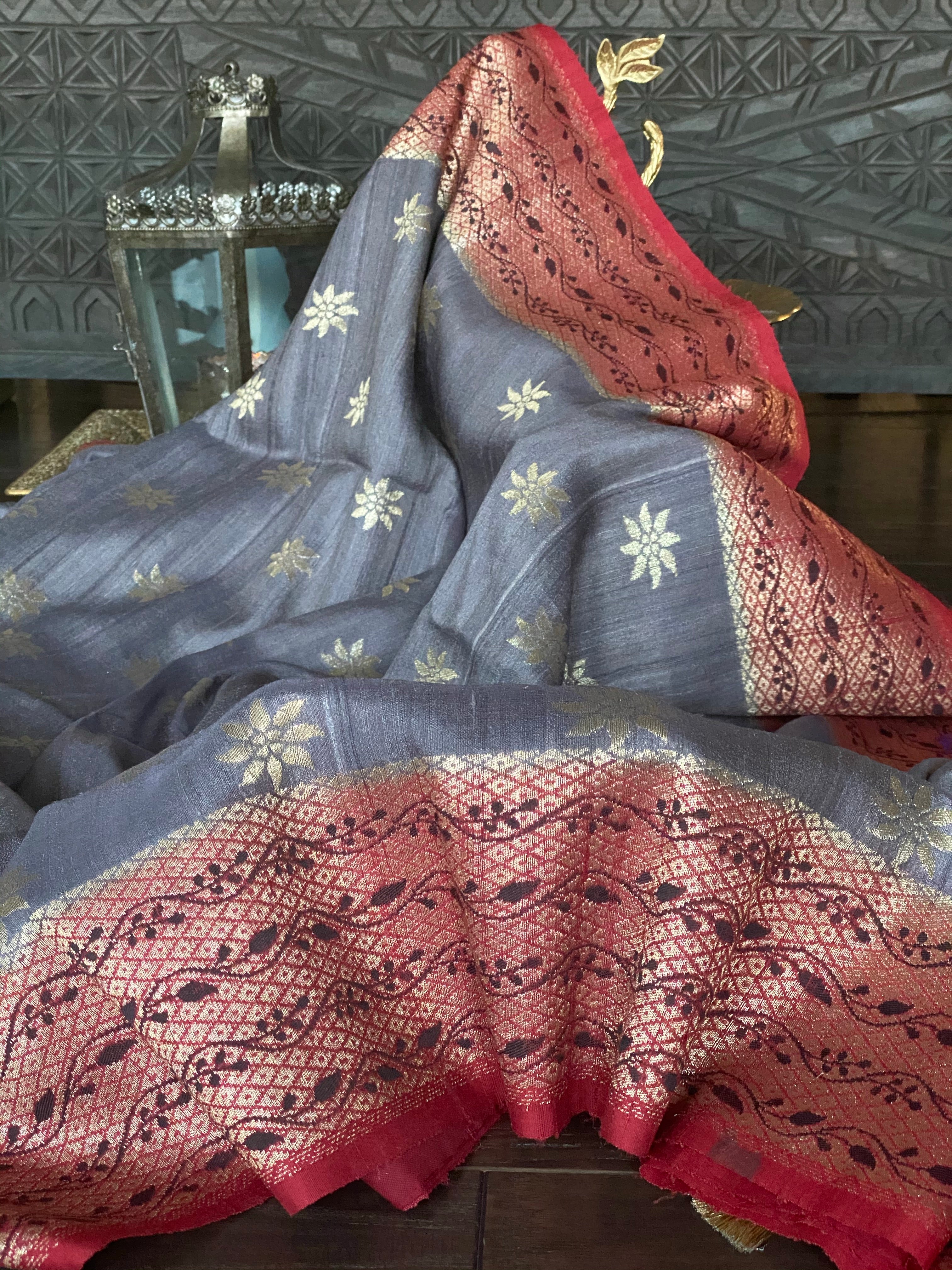 Tussar Georgette Banarasi- Grey Maroon Black