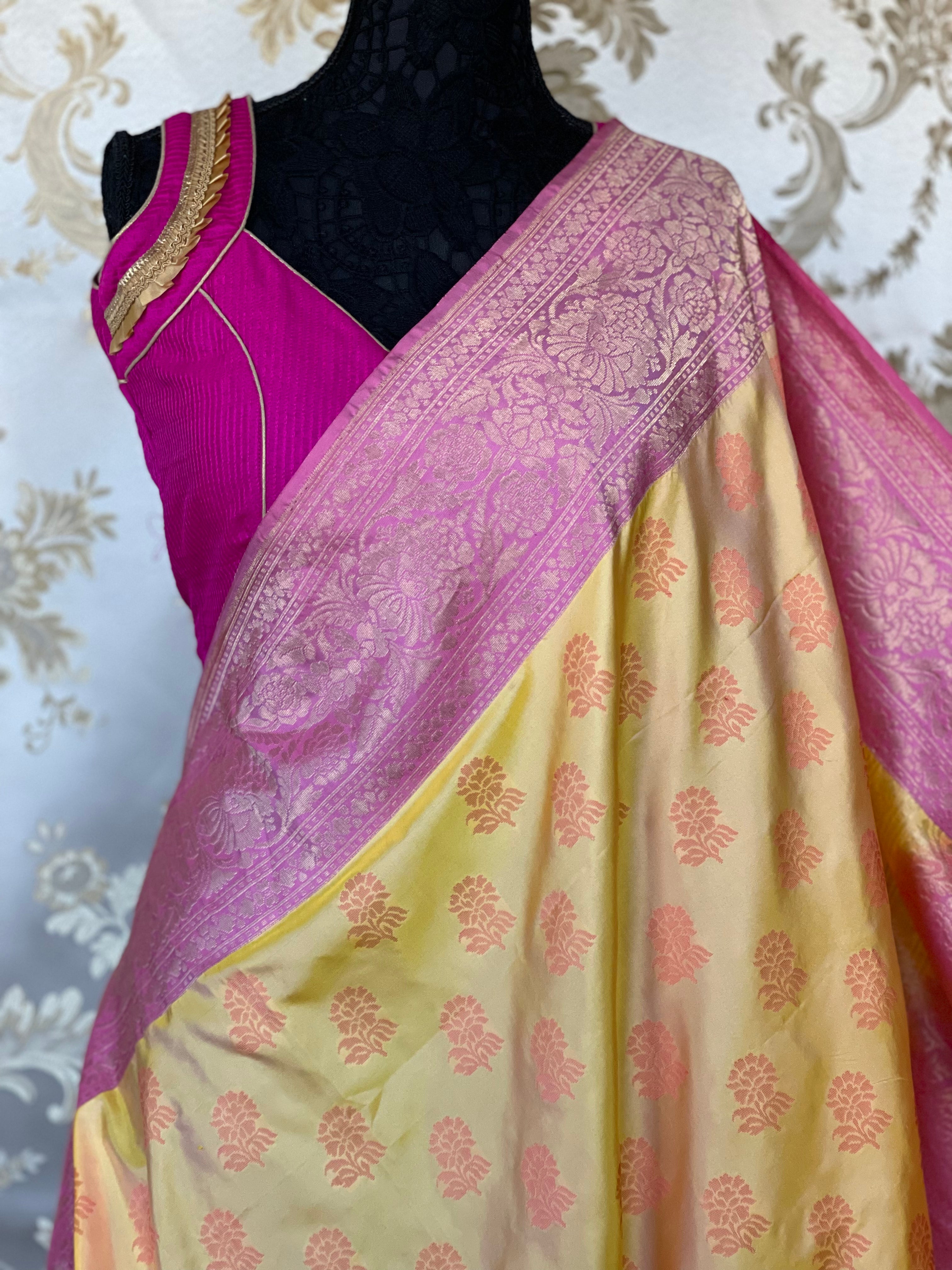 Silk Banarasi - Yellow Pink Resham Woven