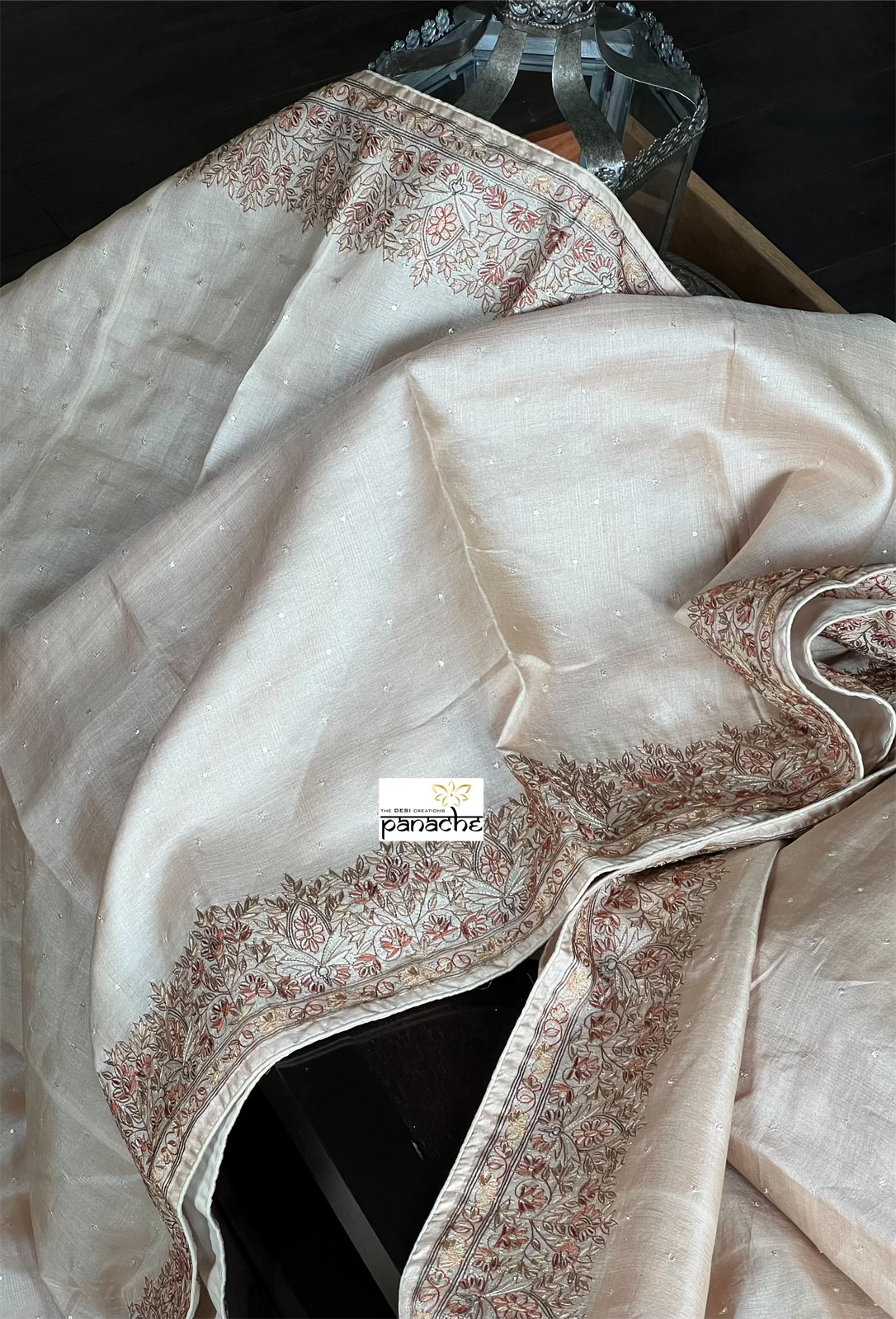 Hand Embroidered Tussar Silk - Tan Beige