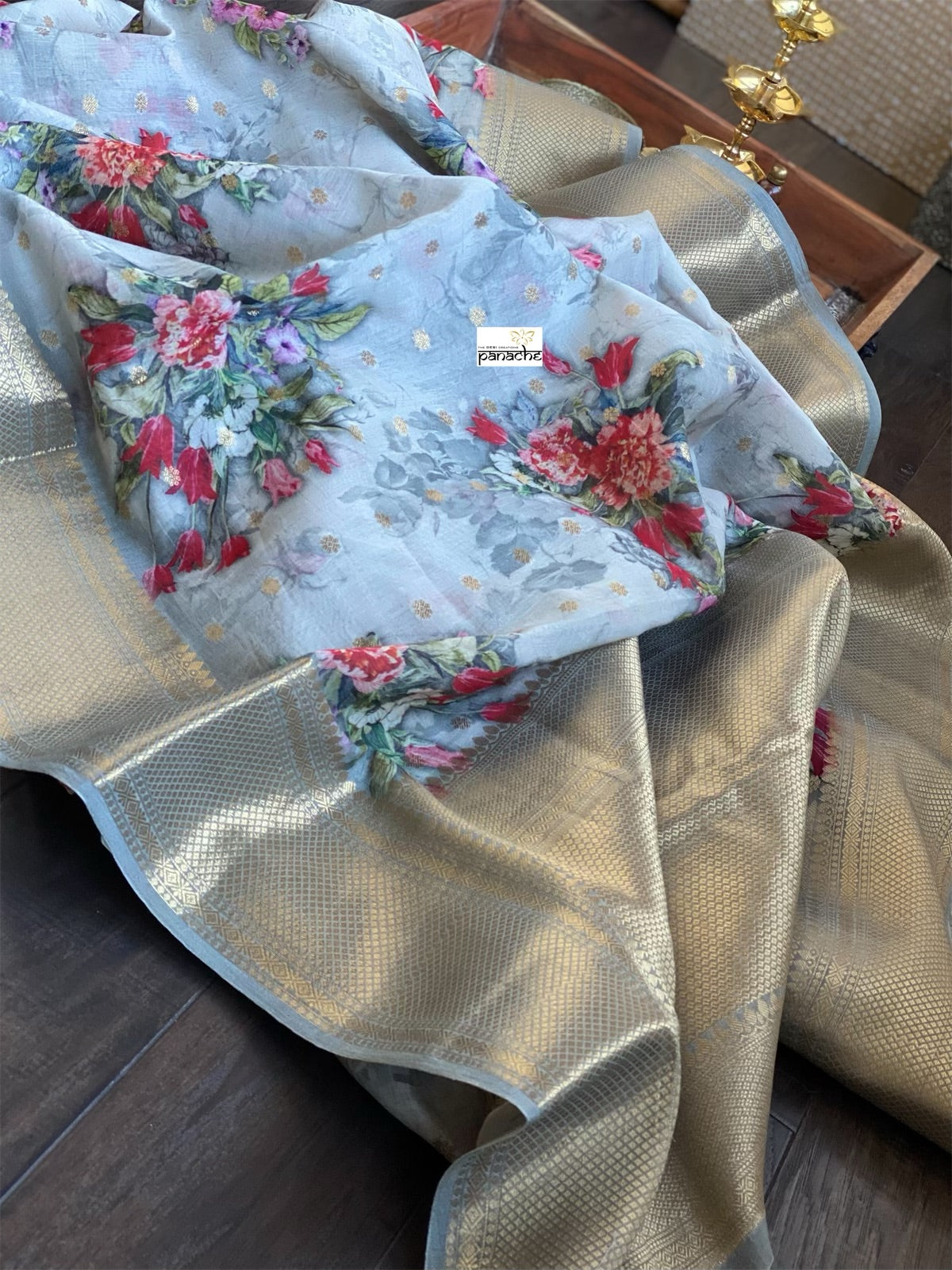 Mulmul Banarasi Floral - Grey Multi color