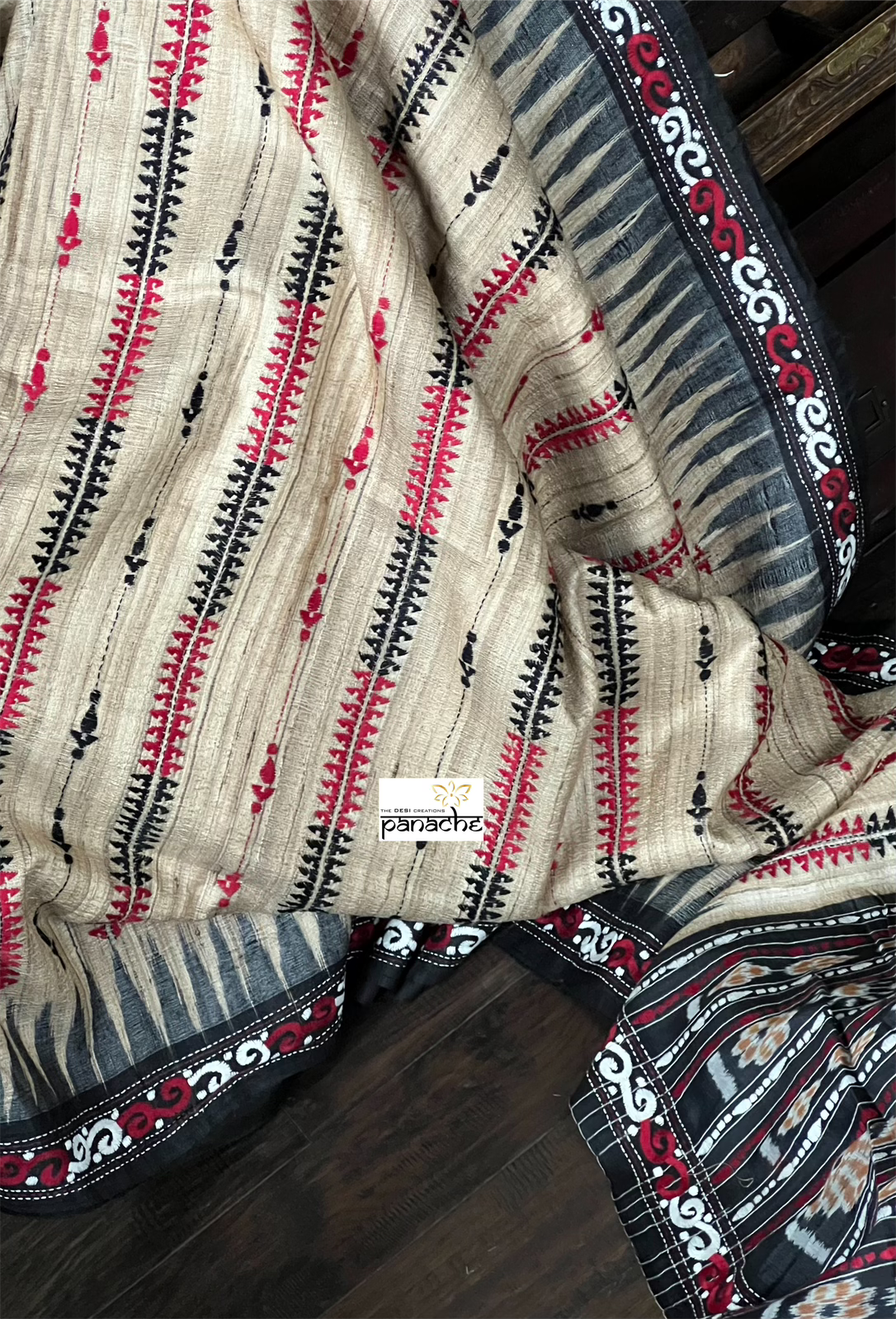 Pure Tussar Gicha Silk Kantha Stitch -  Beige Black
