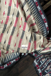 Pure Tussar Gicha Silk Kantha Stitch -  Beige Black