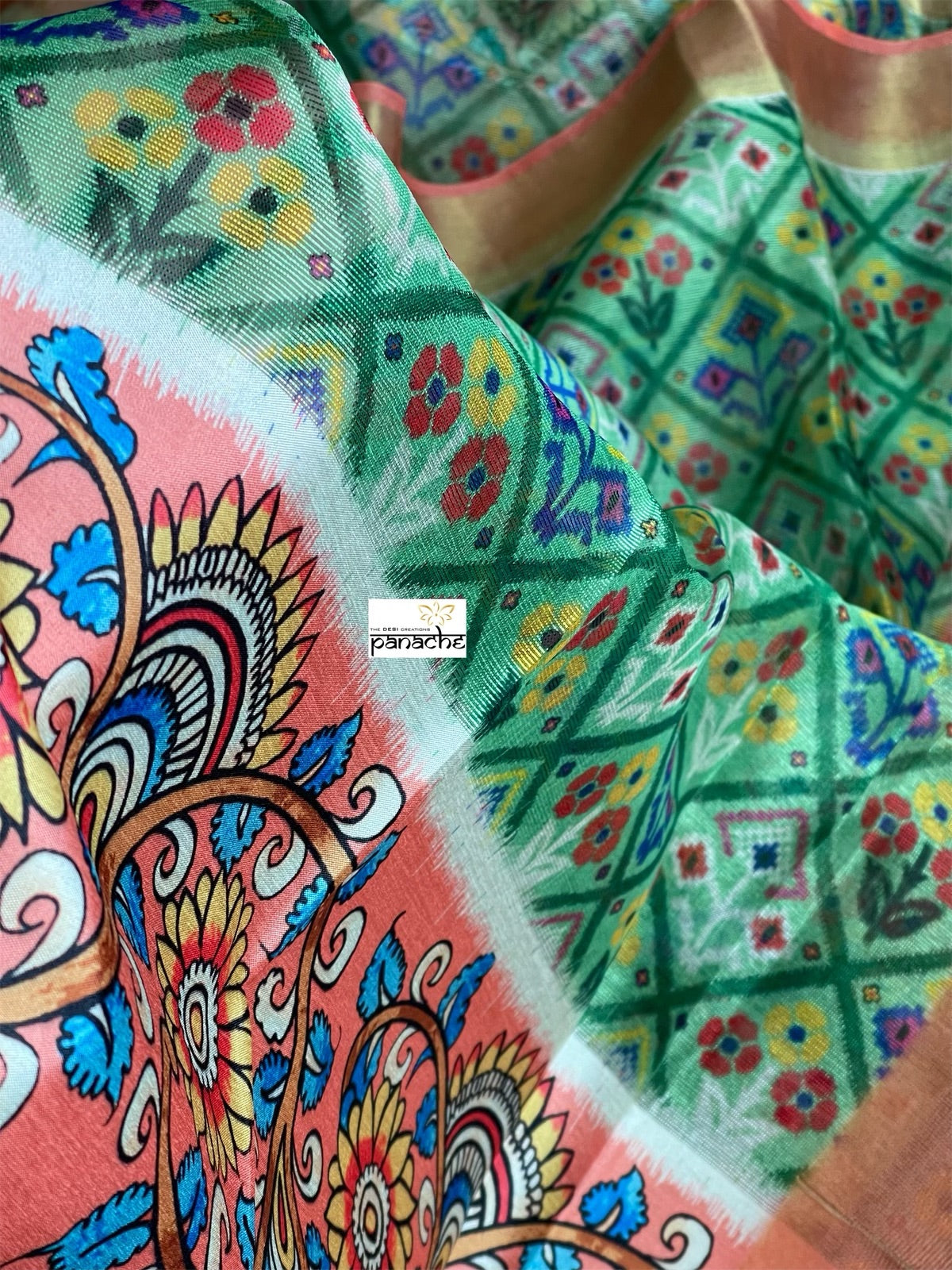 Tissue Kota Silk Printed - Green Orange