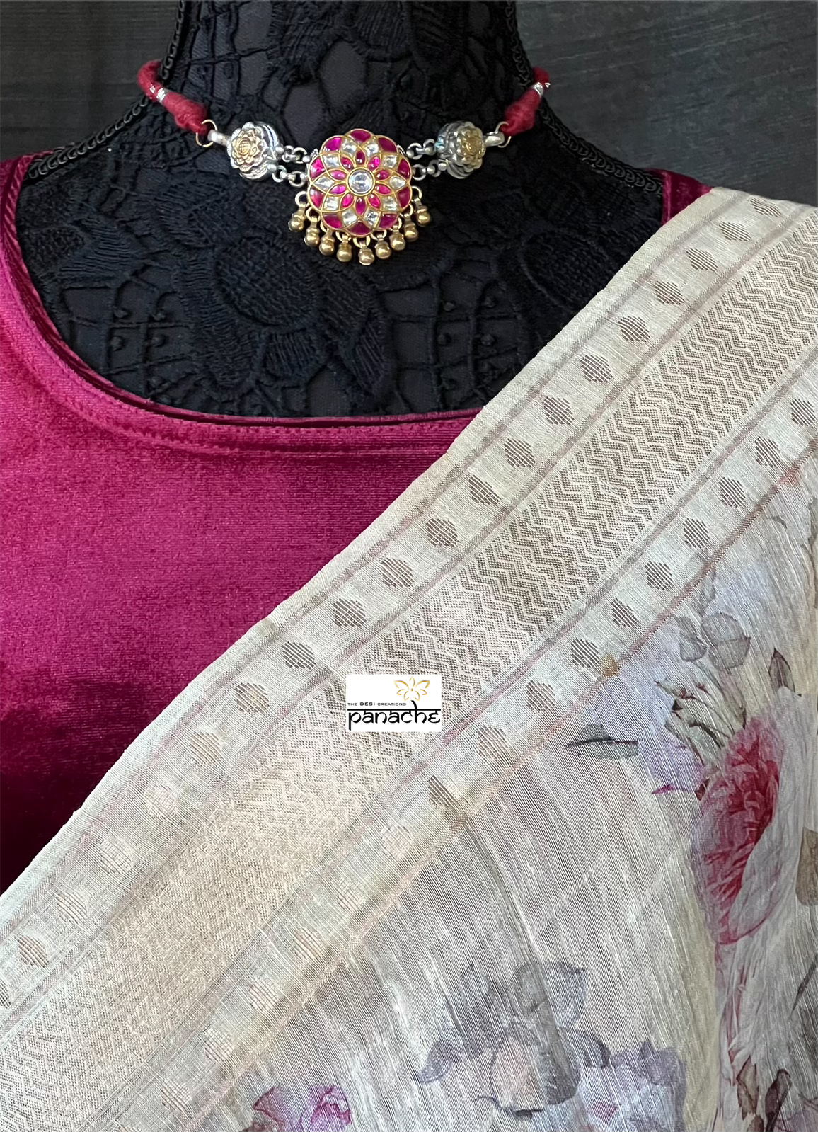 Floral Linen Silk Banarasi - Light Wheat Digital Printed