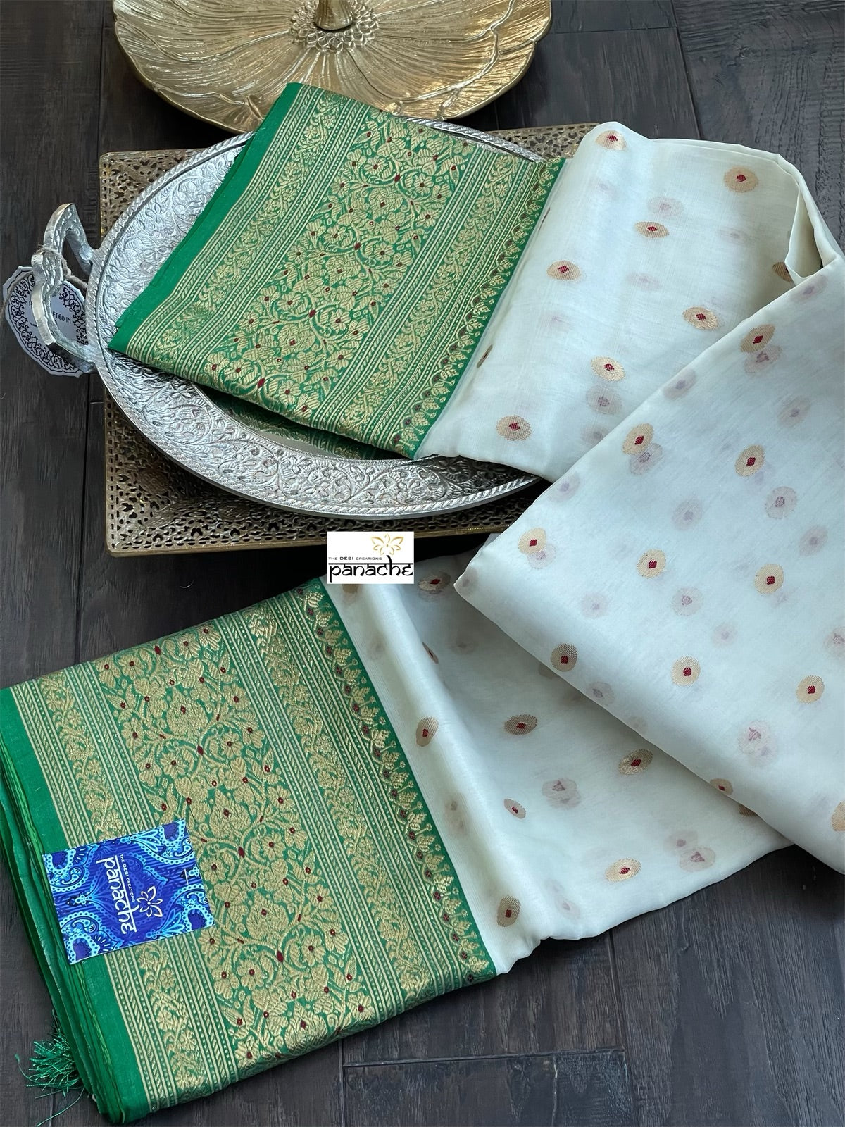 Pure Chanderi Organza Silk - Offwhite Green Eknaliya Golden Zari