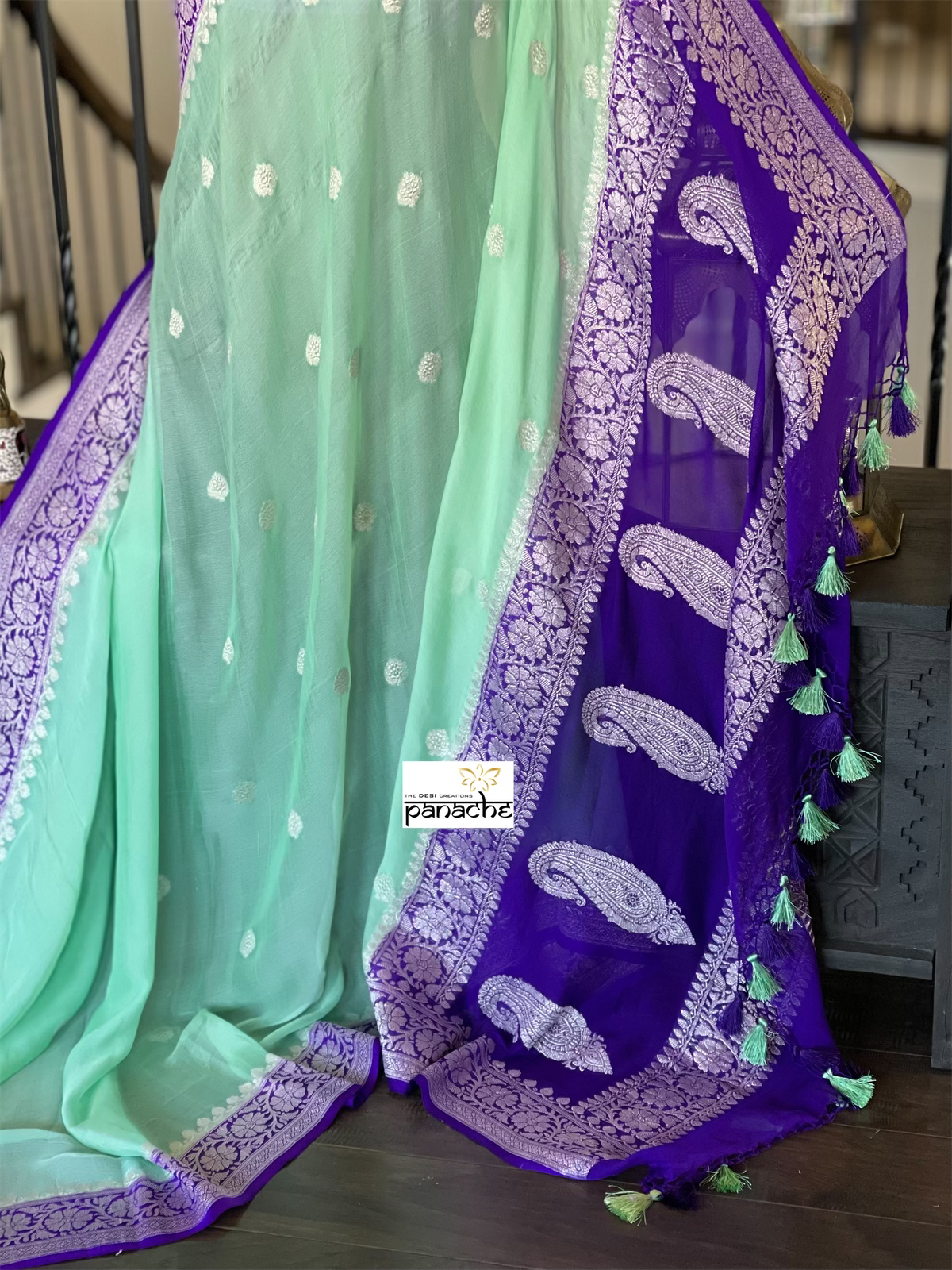 Chiffon Georgette Silk Banarasi - Mint Green Purple Silver Zari