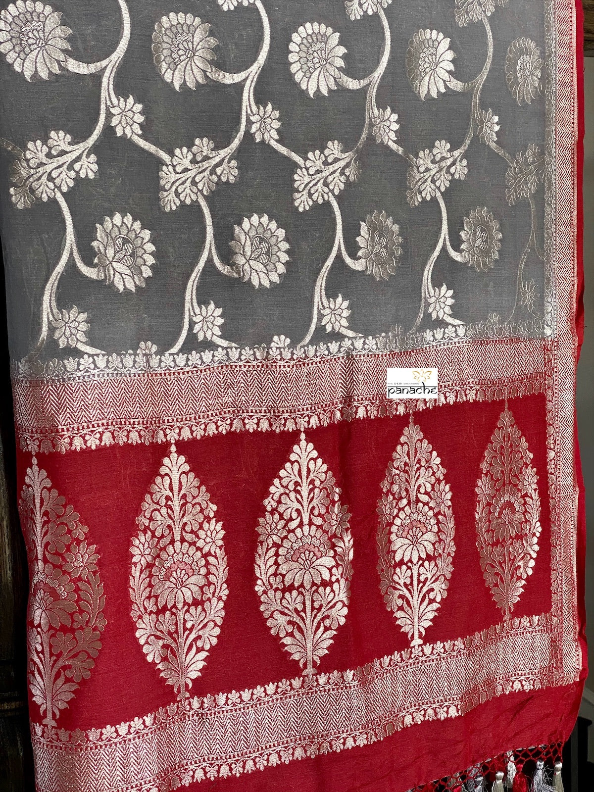 Muga Silk Banarasi - Grey Red Silver Zari