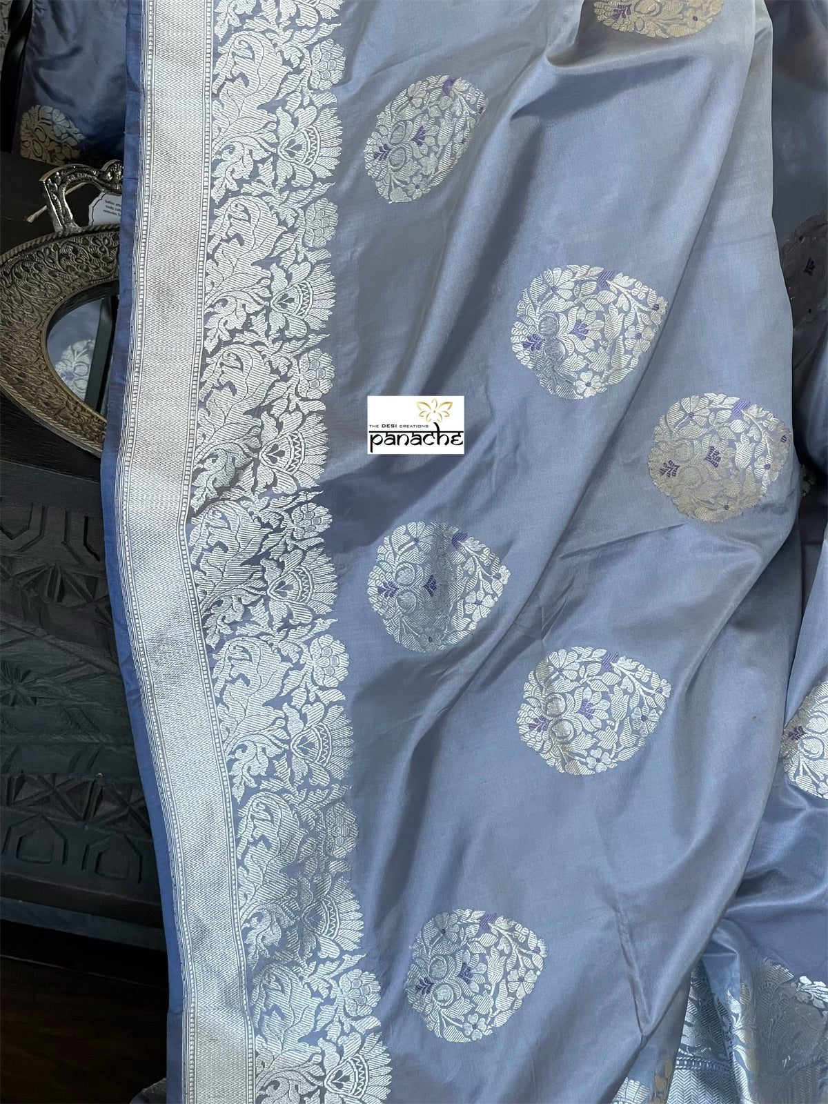 Pure Katan Silk Banarasi - Bluish Grey Meenakari Kadwa