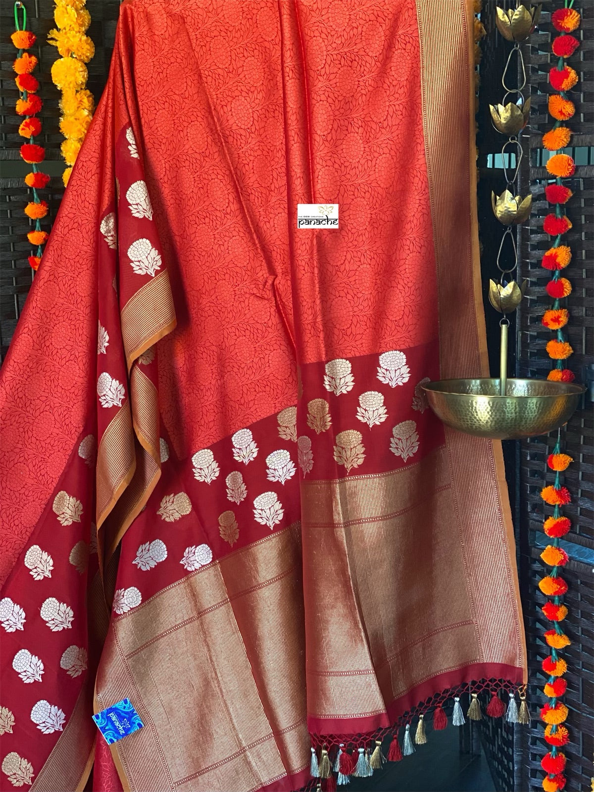 Pure Silk Tanchoi Banarasi - Reddish Rust Orange