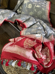 Muga Silk Banarasi - Grey Red Silver Zari
