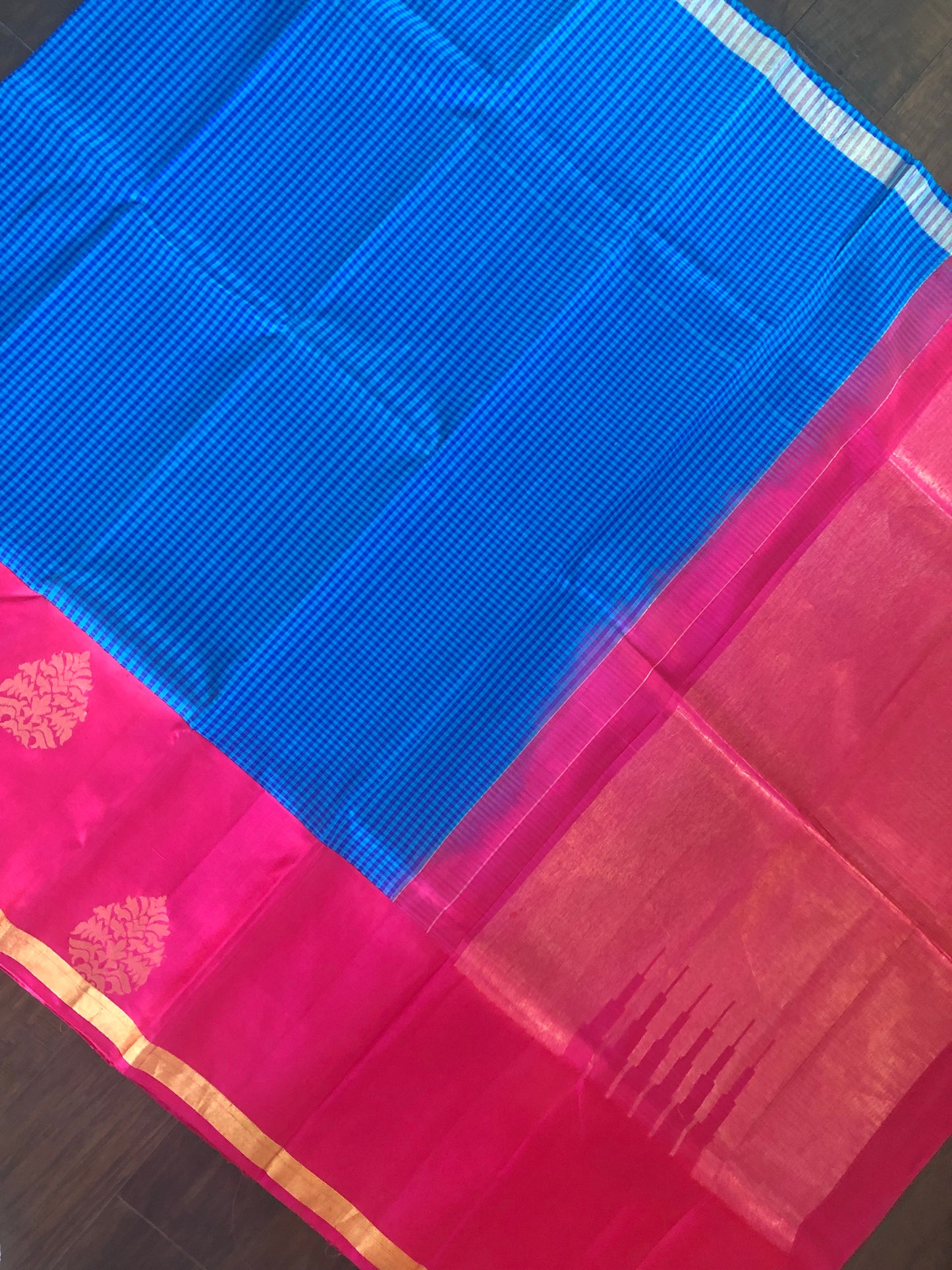 Pure Silk Kanjivaram - Royal Blue Checkered Hot Pink