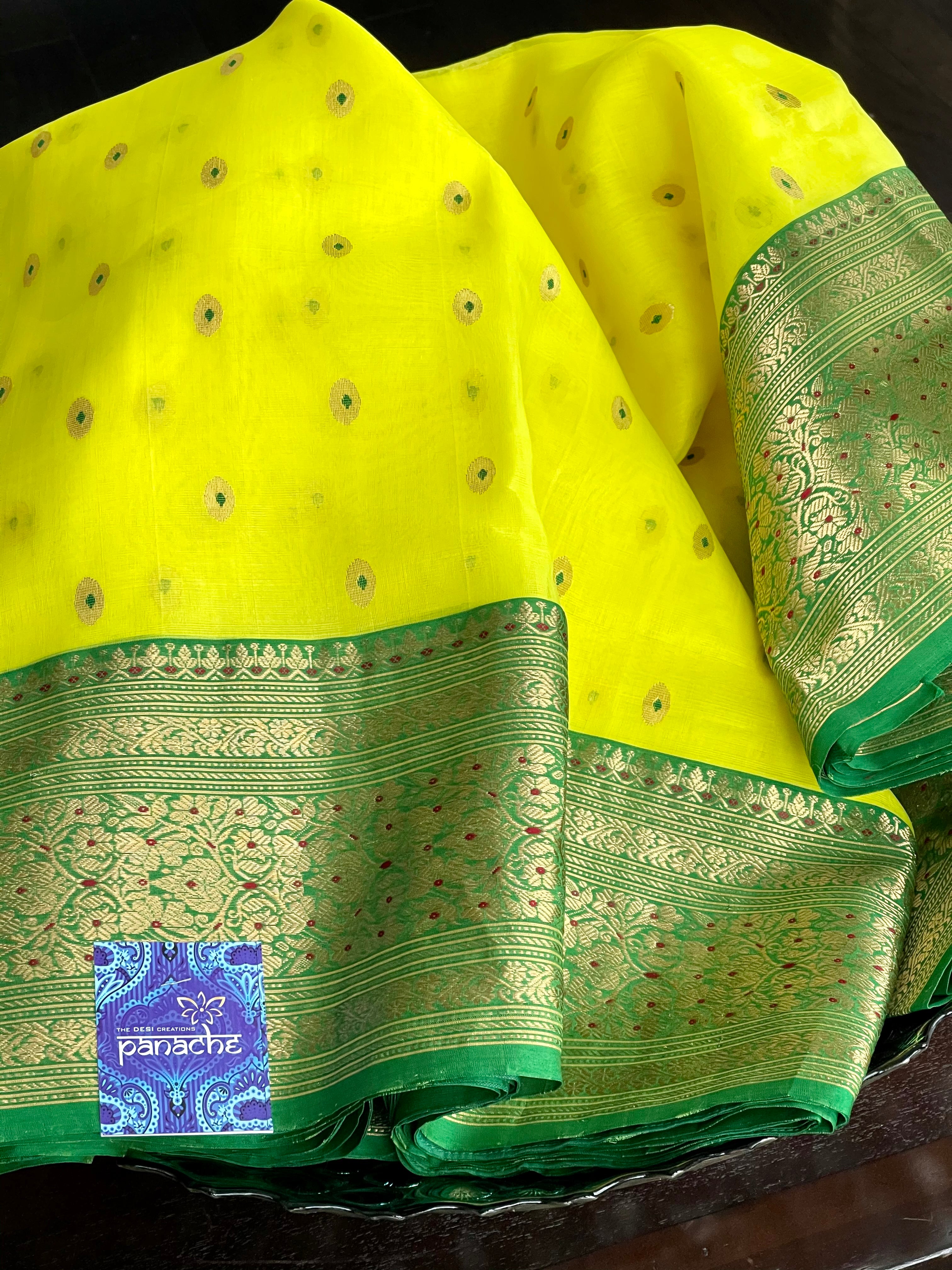 Pure Chanderi Organza Silk - Yellow Green Eknaliya Golden Zari