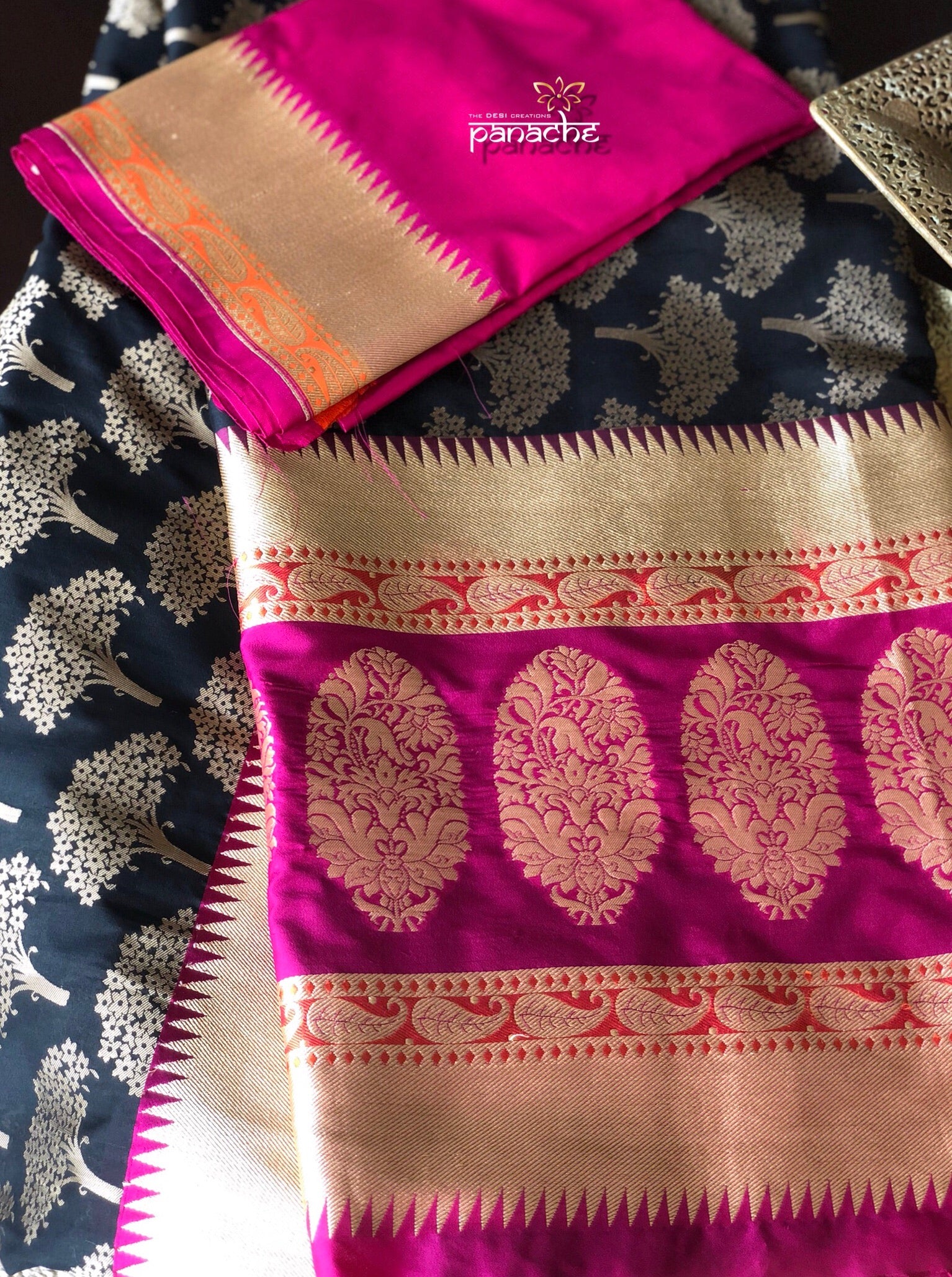 Silk Banarasi - Black Purple Antique Zari