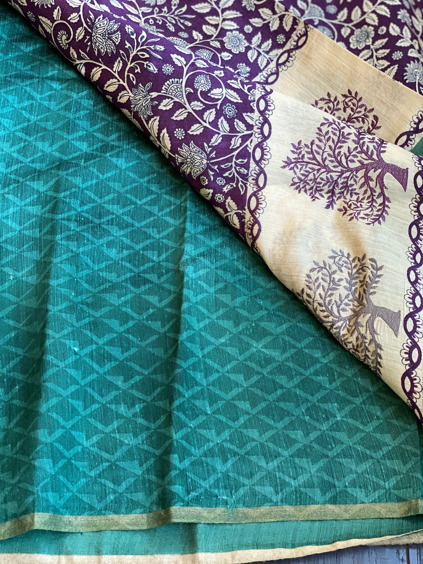 Kalamkari Printed Muga Silk - Purple Teal Embroidered