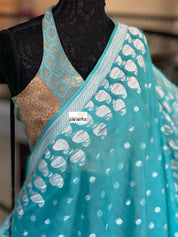 Khaddi Georgette Banarasi - Firozi Blue Silver Zari