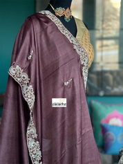 Designer Tussar Silk - Dark Coffee Brown Hand Embroidered