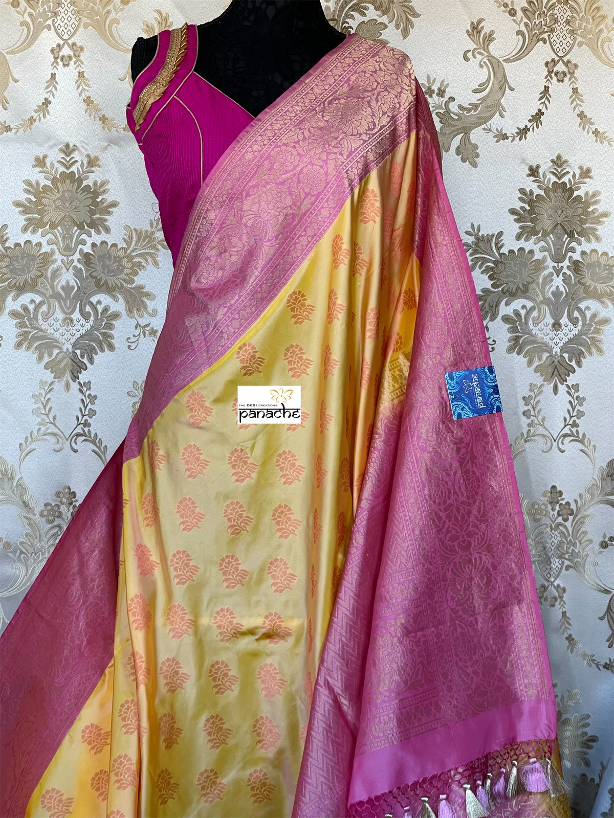 Silk Banarasi - Yellow Pink Resham Woven