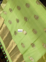 Pure Malmal Cotton Banarasi - Pista Green Kadwa Zari Woven