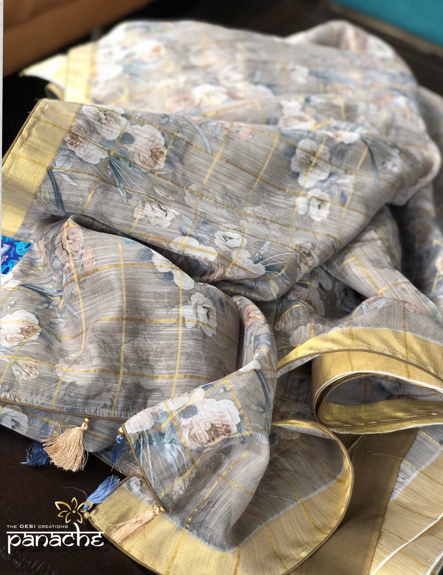 Chanderi Digital Print - Grey Floral Zari checks