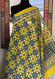 Soft Cotton Ajrakh Saree - Yellow Blue Printed